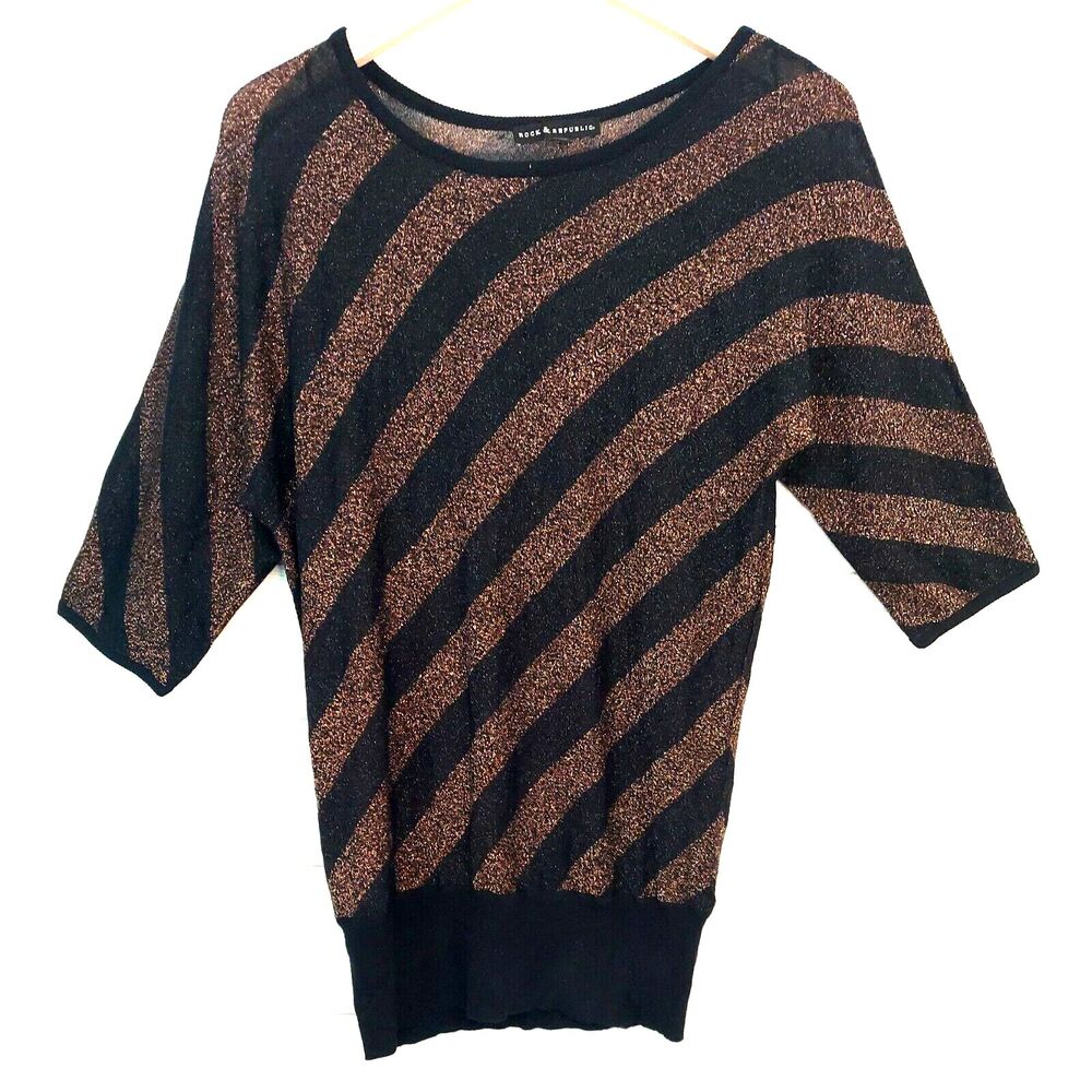 Rock & Republic Knit Tunic Top Small Black Metallic Stripes